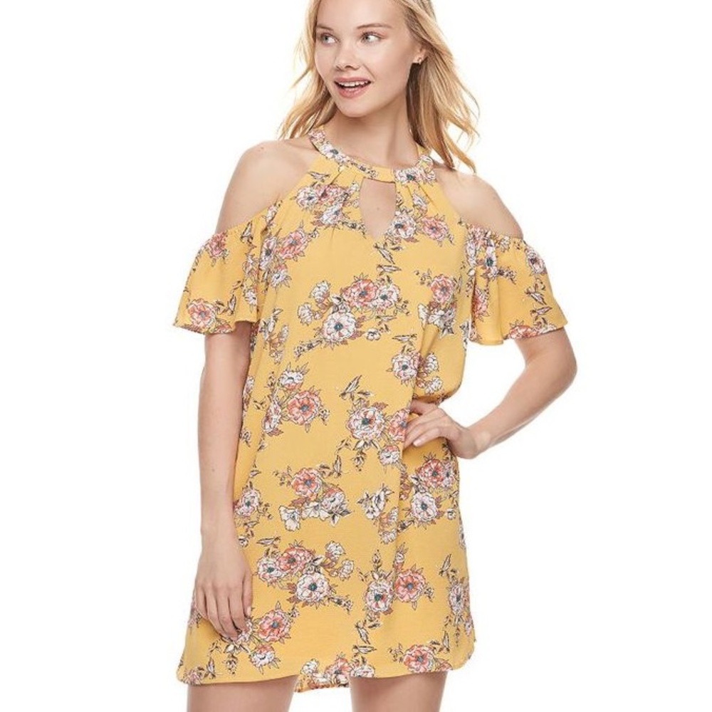 Yellow Floral Cold Shoulder Dress